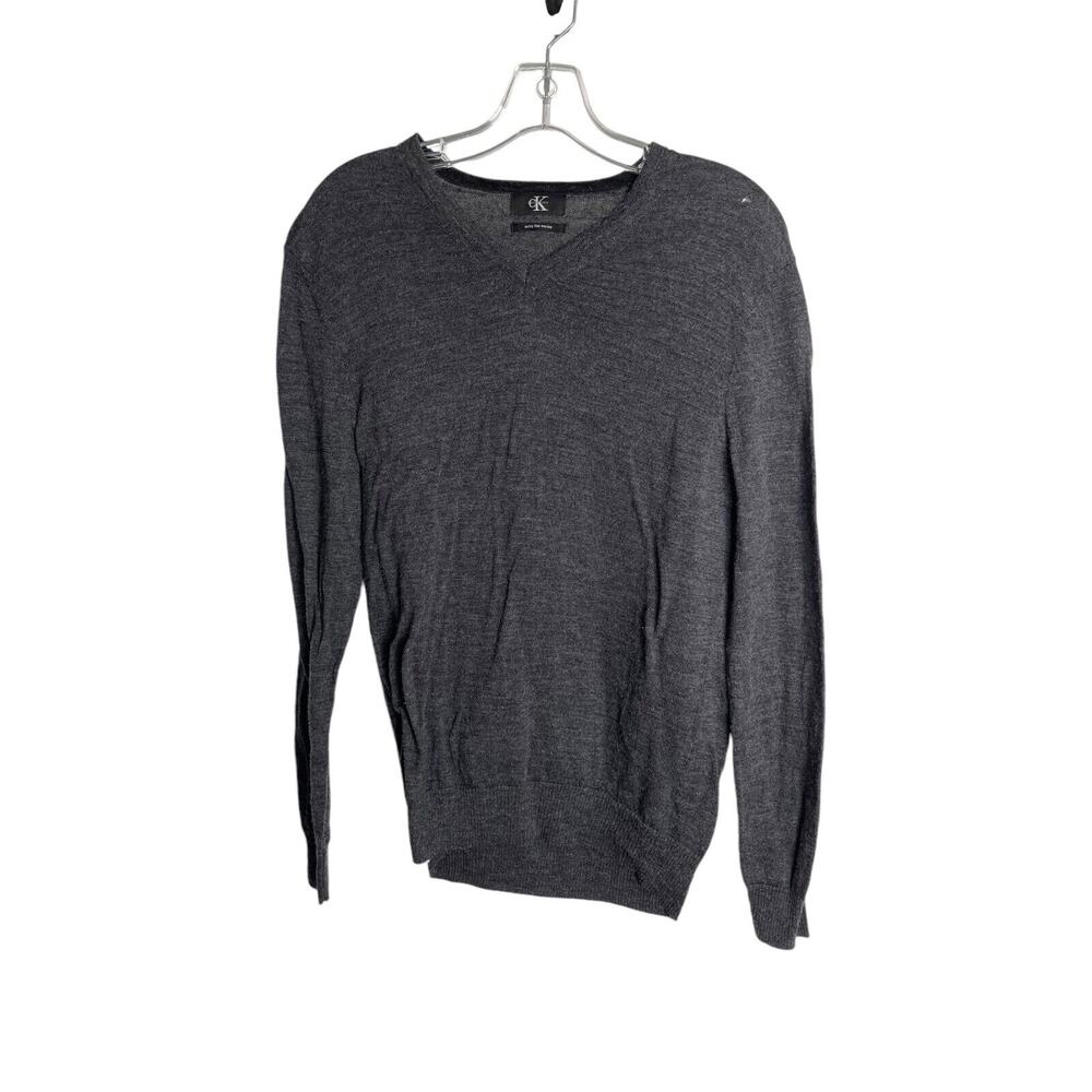Calvin Klein Mens Pullover Sweater Size Small Charcoal Gray V Neck Merino Wool